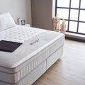 Ruby Boxspringbett Velours Grau, Nahaufnahme von Matratze und Topper mit Ruby-Schriftzug am Fenster
