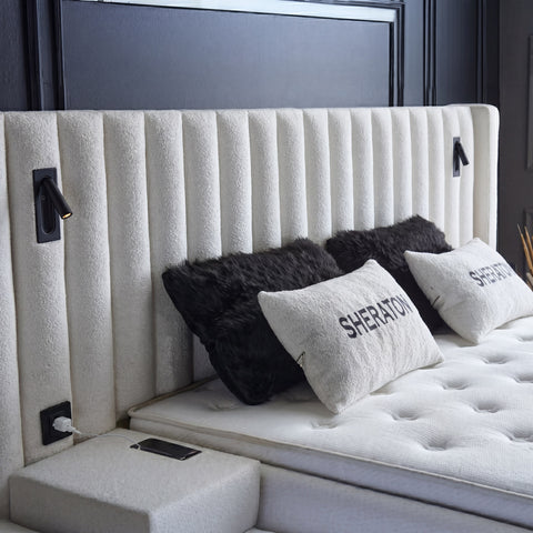 Sheraton Boxspringbett – Bouclé Weiß · mit Bettkasten · inkl. Matratze & Topper
