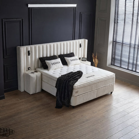 Sheraton Boxspringbett – Bouclé Weiß · mit Bettkasten · inkl. Matratze & Topper