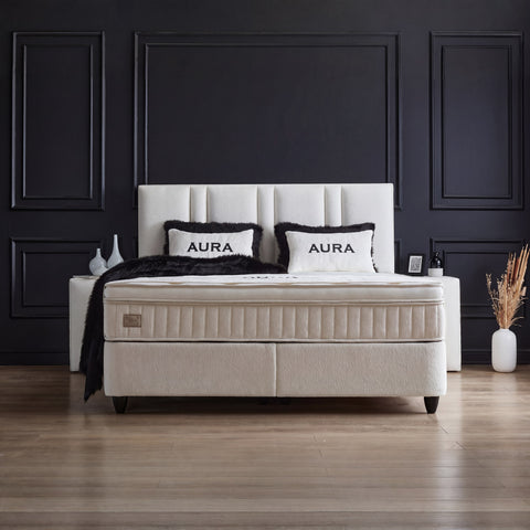 AURA Boxspringbett – Bouclé Weiß · mit Bettkasten · inkl. Matratze & Topper