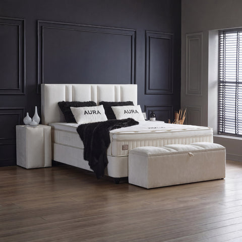 AURA Boxspringbett – Bouclé Weiß · mit Bettkasten · inkl. Matratze & Topper