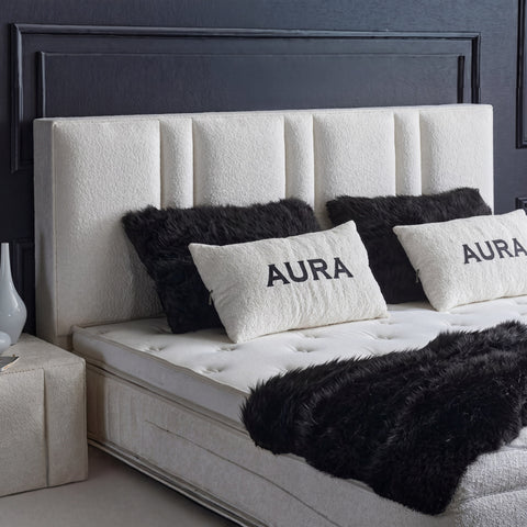 AURA Boxspringbett – Bouclé Weiß · mit Bettkasten · inkl. Matratze & Topper