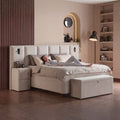 Lennon Boxspringbett Bouclé Beige mit liegender Person, Liegekomfort und Stauraumbank im Wohnraum
