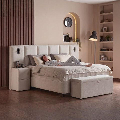 Lennon Boxspringbett – Bouclé Beige · mit Bettkasten · inkl. Matratze & Topper