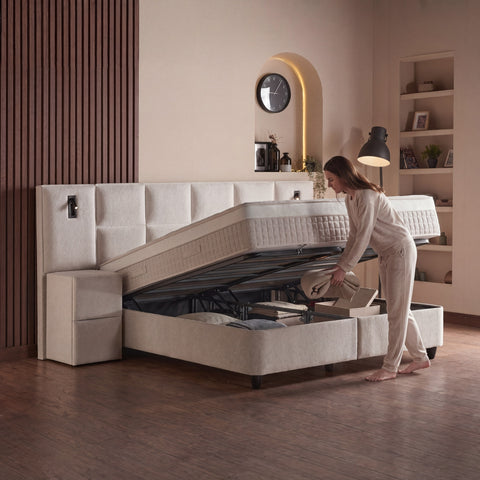 Lennon Boxspringbett – Bouclé Beige · mit Bettkasten · inkl. Matratze & Topper