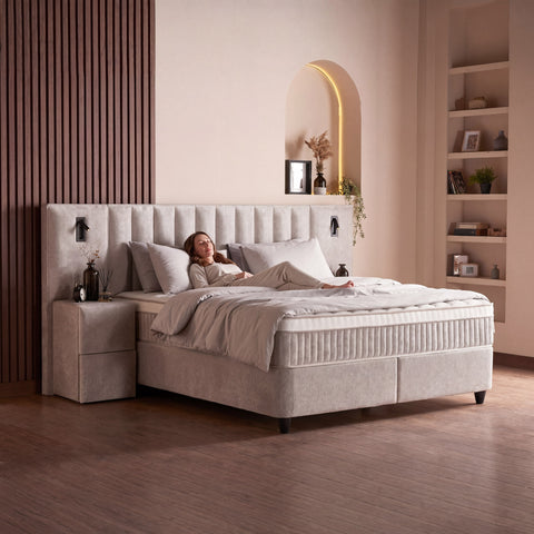 Penelope Boxspringbett – Bouclé Beige · mit Bettkasten · inkl. Matratze & Topper