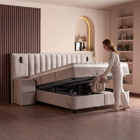 Penelope Boxspringbett – Bouclé Beige · mit Bettkasten · inkl. Matratze & Topper