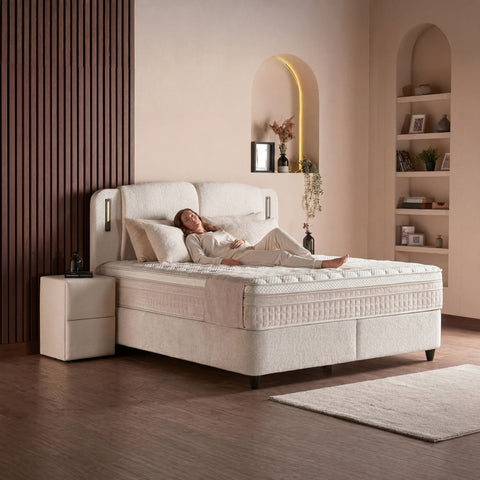 Phoenix Boxspringbett – Bouclé Beige · mit Bettkasten · inkl. Matratze & Topper