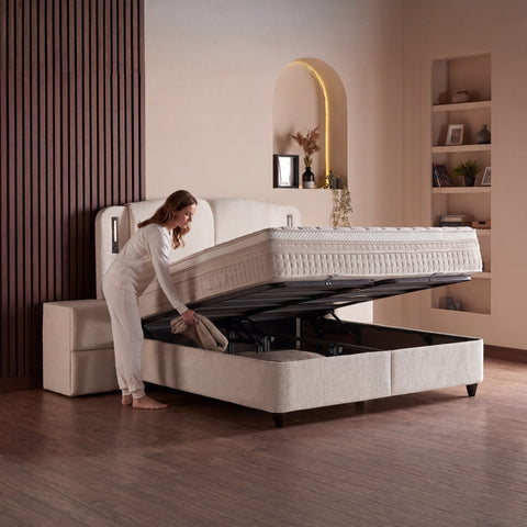 Phoenix Boxspringbett – Bouclé Beige · mit Bettkasten · inkl. Matratze & Topper