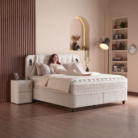 Olimpia Boxspringbett – Bouclé Beige · mit Bettkasten · inkl. Matratze & Topper