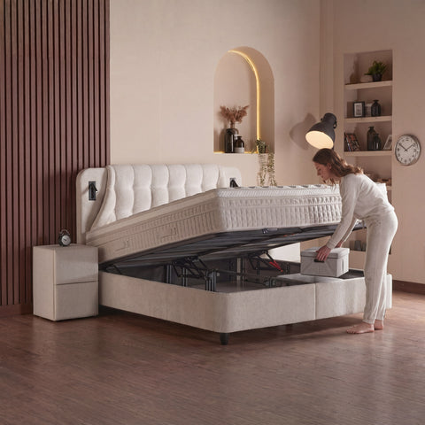 Olimpia Boxspringbett – Bouclé Beige · mit Bettkasten · inkl. Matratze & Topper