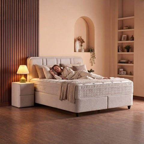 Alice Boxspringbett – Bouclé Beige · mit Bettkasten · inkl. Matratze & Topper