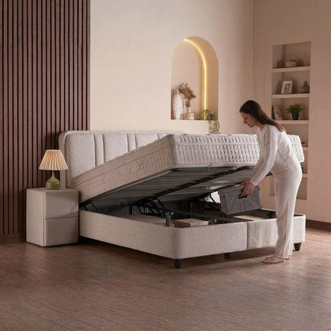 Alice Boxspringbett – Bouclé Beige · mit Bettkasten · inkl. Matratze & Topper