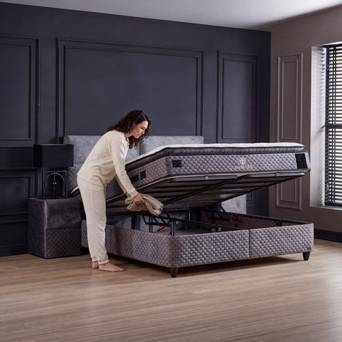 Babylon Boxspringbett Samt Grau mit hochgeklapptem Bettkasten und viel Stauraum unter der Liegefläche