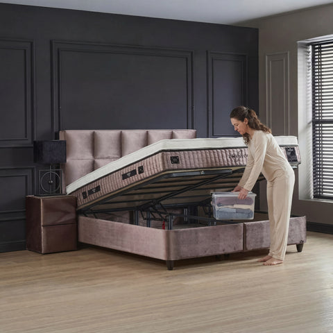 Phantom Boxspringbett – Webstoff Beige · mit Bettkasten · inkl. Matratze & Topper