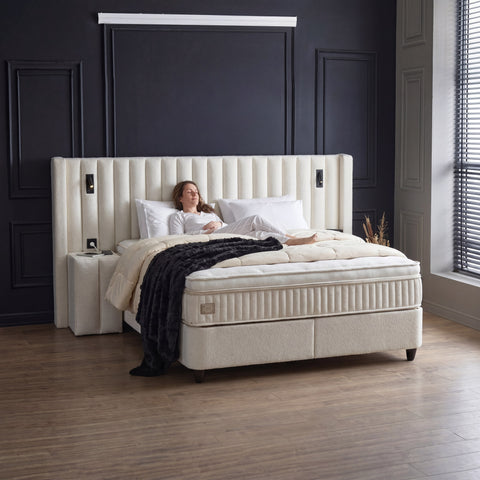 Sheraton Boxspringbett – Bouclé Weiß · mit Bettkasten · inkl. Matratze & Topper