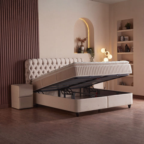 Sydney Boxspringbett Beige mit hochgeklapptem Lattenrost und offenem Bettkasten für viel Stauraum, Samt Velours Bezug