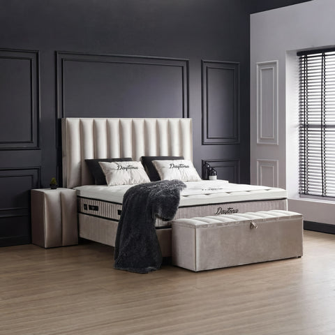 Daytona Boxspringbett – Samt Beige · mit Bettkasten · inkl. Matratze & Topper