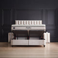Daytona Boxspringbett Samt beige mit hochgeklapptem Bettkasten, offener Stauraum unter Matratze und Topper von vorne