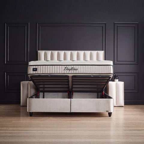 Daytona Boxspringbett – Samt Beige · mit Bettkasten · inkl. Matratze & Topper