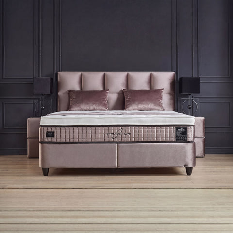 Phantom Boxspringbett – Webstoff Beige · mit Bettkasten · inkl. Matratze & Topper