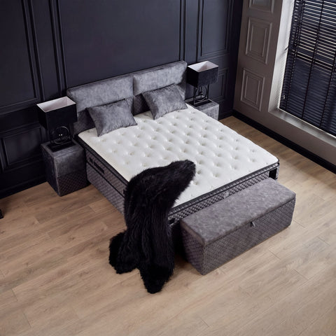 Babylon Boxspringbett Samt Grau von oben mit getufteter Matratze, Topper und passender Truhe aus Velours