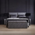 Babylon Boxspringbett Samt Grau in Frontansicht mit Kopfteil, Matratze, Topper und Bettkasten-Truhe