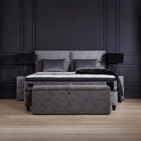 Babylon Boxspringbett Samt Grau in Frontansicht mit Kopfteil, Matratze, Topper und Bettkasten-Truhe