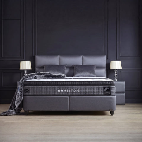Hamilton Boxspringbett – Webstoff Grau · mit Bettkasten · inkl. Matratze & Topper