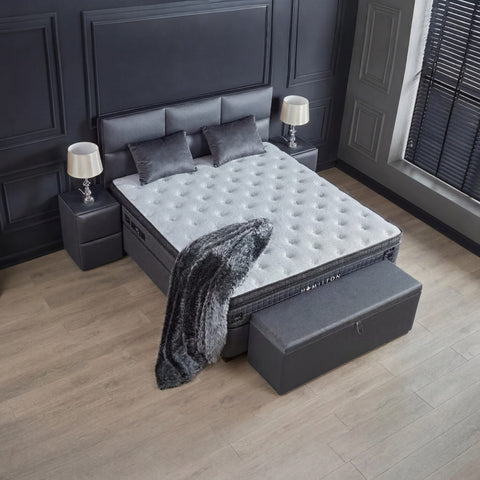 Hamilton Boxspringbett – Webstoff Grau · mit Bettkasten · inkl. Matratze & Topper