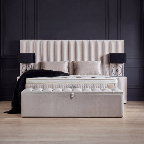 Oscar Boxspringbett – Samt Creme · mit Bettkasten · inkl. Matratze & Topper