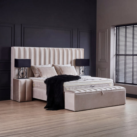 Oscar Boxspringbett – Samt Creme · mit Bettkasten · inkl. Matratze & Topper