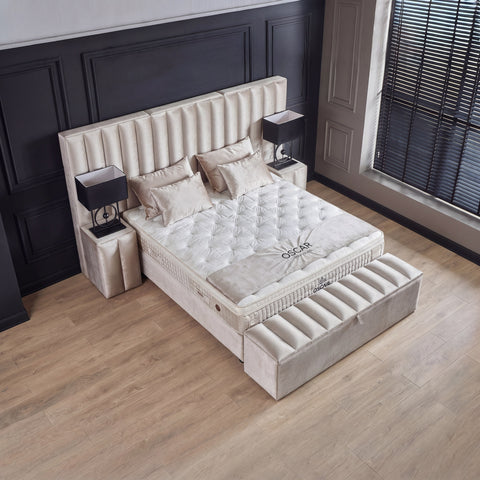 Oscar Boxspringbett – Samt Creme · mit Bettkasten · inkl. Matratze & Topper