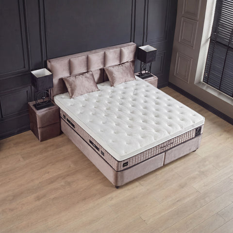 Phantom Boxspringbett – Webstoff Beige · mit Bettkasten · inkl. Matratze & Topper
