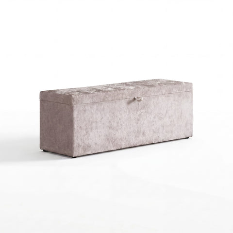 Bettbank mit Stauraum in Teddy Beige zum Sofia Boxspringbett, langgezogene Truhe mit getuftetem Deckel