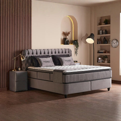 Sydney Boxspringbett mit Bettkasten Samt Grau Orthopädisch mit Matratze und Topper