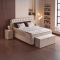 Sydney Boxspringbett Samt Beige mit Bettbank und Nachttischen, Matratze und Topper für hohen Liegekomfort im Schlafzimmer