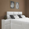 ZENZA Boxspringbett Detail vom gepolsterten Kopfteil in Creme, Stoffbezug mit Topper und ZENZA-Kissen